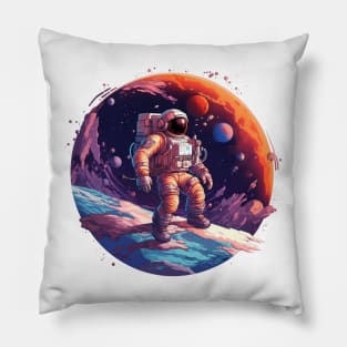 An astronaut standing in space on a rock with earth and mars in the background Pillow