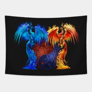 Fantasy Fire And Ice Phoenix Red Blue Yin Yang Tapestry