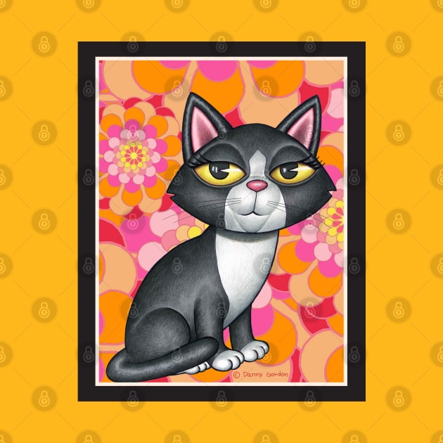 Cute Tuxedo Kitty with orange and pink flowers by Danny Gordon Art