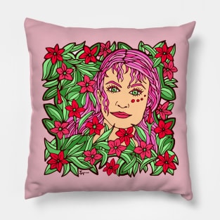 Pink Flower Girl and Green Leaves Pillow