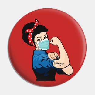 Pin Up Girl Black Hair Wearing Mask with Strong Tattoo Pin