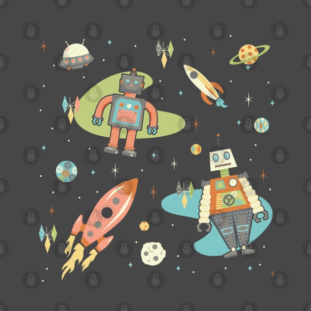 Vintage Inspired Robots in Space by latheandquill