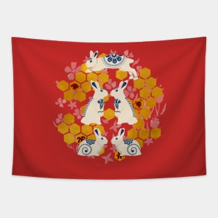 Year of the Rabbit | Porcelain Bunnies and Gold Honeycombs on Red Background Tapestry