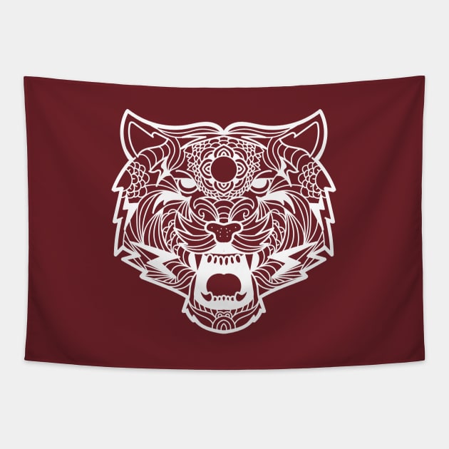 Tiger Fierce Scary Fangs Mandala Black and White Brave Warrior Tapestry by ActivLife