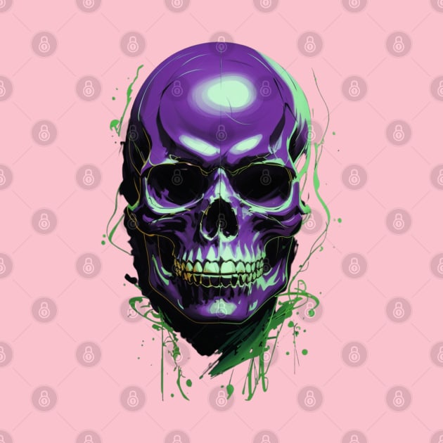 Chic Urban Interpretation: Green and Violet Skull Aesthetic Artwork for Halloween by Tanguarts