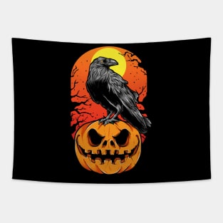 Crow standing on a pumpkin halloween design Tapestry