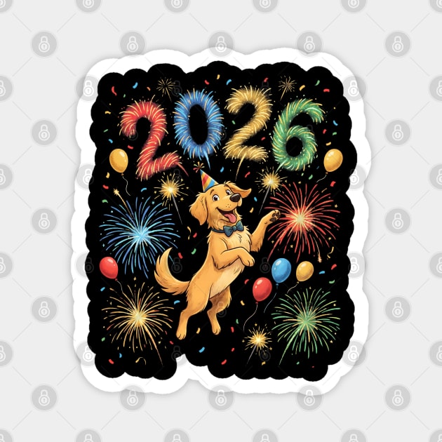 Joyful Golden Retriever Welcoming 2026 with Fireworks Magnet by Creatifly Graphic Tees
