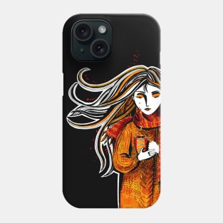 Pretty girl in orange dress drinks tea and dreams Phone Case