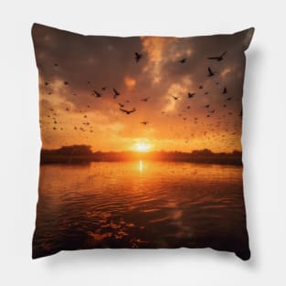 Harmonious Flight of Birds over the Tranquil Lake Pillow