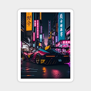 Dark Neon Sports Car in Japanese Neon City Magnet