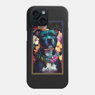 American Staffordshire Terrier Pitbull Vibrant Tropical Flower Tall Digital Oil Painting Portrait  3 Phone Case