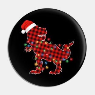 Funny Dinosaur T Rex Wearing santa hat, christmas lights and red buffalo plaid Pin