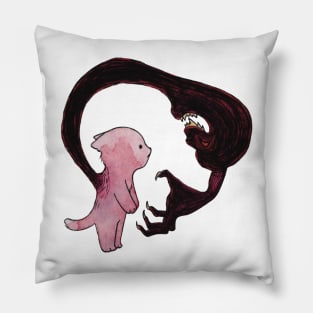 Cute cat anxiety fear monster illustration watercolor red pink Pillow