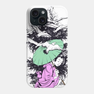 Geisha With Umbrella & Birds Phone Case