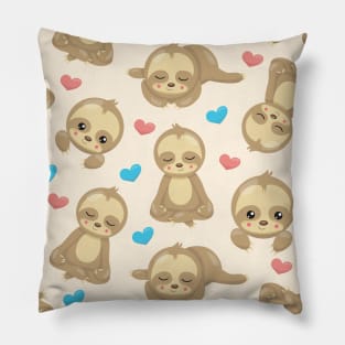 Pattern Of Sloths, Cute Sloths, Hearts Pillow