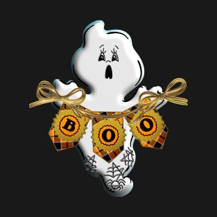 Cute Ghost Halloween Boo orange black ribbon gold spider 3D tridimensional 309 T-Shirt