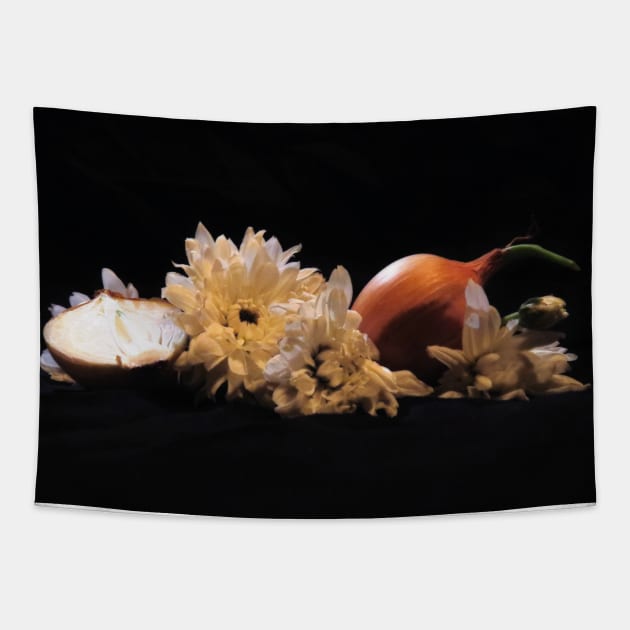 Onions and Daisies  - Baroque Inspired Dark Still Life Photo Tapestry by GenAumonier