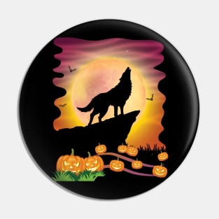 Wolf Dog On Mountain With Moon Pumpkins Bat Halloween Day Pin