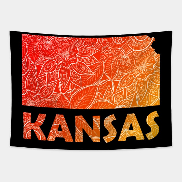 Colorful mandala art map of Kansas with text in red and orange Tapestry by Happy Citizen