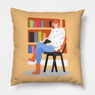 Girl in the Library. Reading Book Pillow