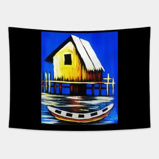 African Artwork, House with Boat, Vacation Tapestry