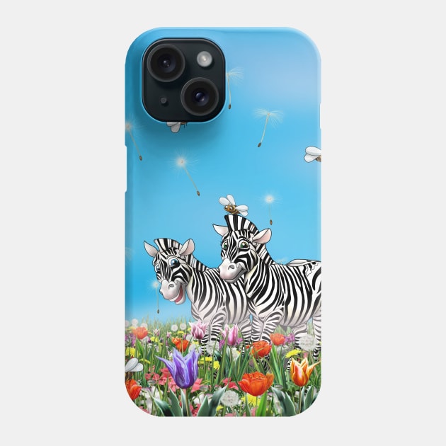 Summer Stroll, Cute Zebras, Beautiful Flowers Glad, Sunny Day, Watercolor Illustration Phone Case by sofiartmedia