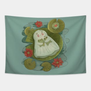 Cute Boo Haw Hugs A Frog In The Lotus Pond Tapestry