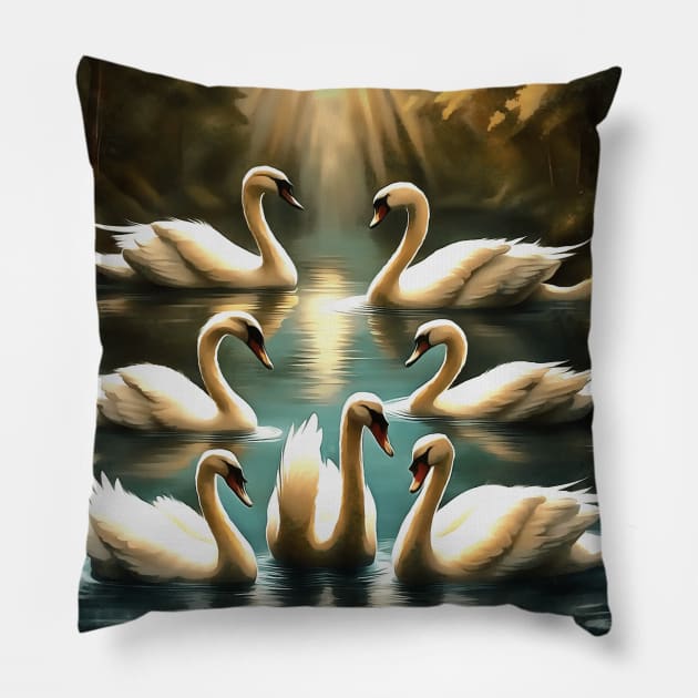 Seven Swans Swimming Pillow by taiche