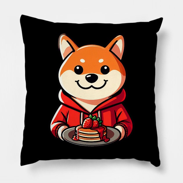 Shiba Inu Strawberry Pancakes Selfie Time Pillow by Plushism