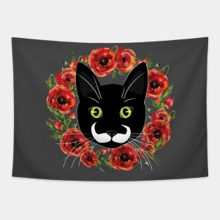 Mustache Cat with Flowers Tapestry