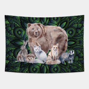 Mandala Rabbit Bear Hedgehog Fox Badger Tapestry