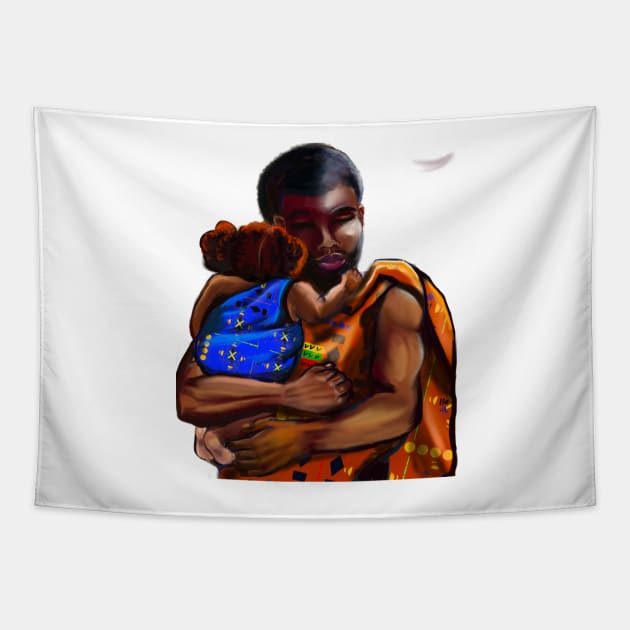 The best Father’s Day gifts 2022 Father and child wearing traditional kinte cloth- Super hero dad -  Strong muscular black man cradling a baby Tapestry by Artonmytee