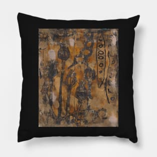 Abstract poppies and seedpods monoprint Pillow