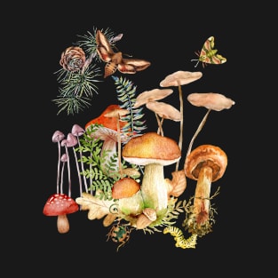 Woodland Mushrooms With Insects Colorful Design T-Shirt