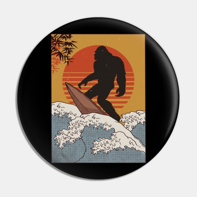 Japanese Vintage Kanagawa Art - Surfing Bigfoot Hanging Ten Pin by Dibble Dabble Designs