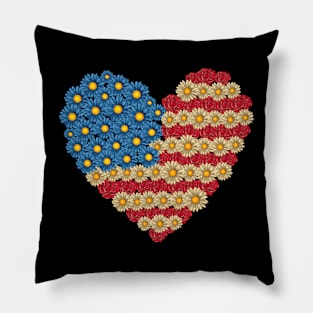 American Flag Floral Heart 4th of July Day Floral Patriotic Pillow