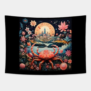 Surrealistic Folk Art Dark Floral Motif Crab Design Tapestry