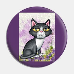 Fun black and white kitty cat with purplish flowers Pin