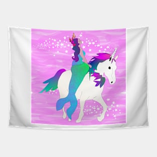 Mermaid on Unicorn with Sparkling Waves Pink 5748 Tapestry