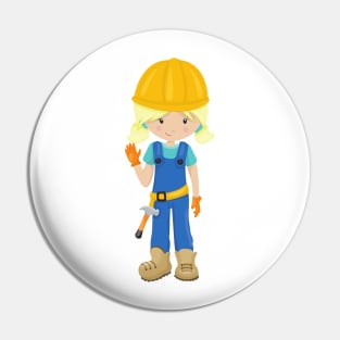 Construction Girl, Blonde Hair, Cute Girl, Hammer Pin