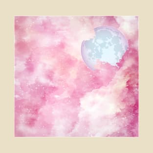 Pink Galaxy Background Full Moon T-Shirt