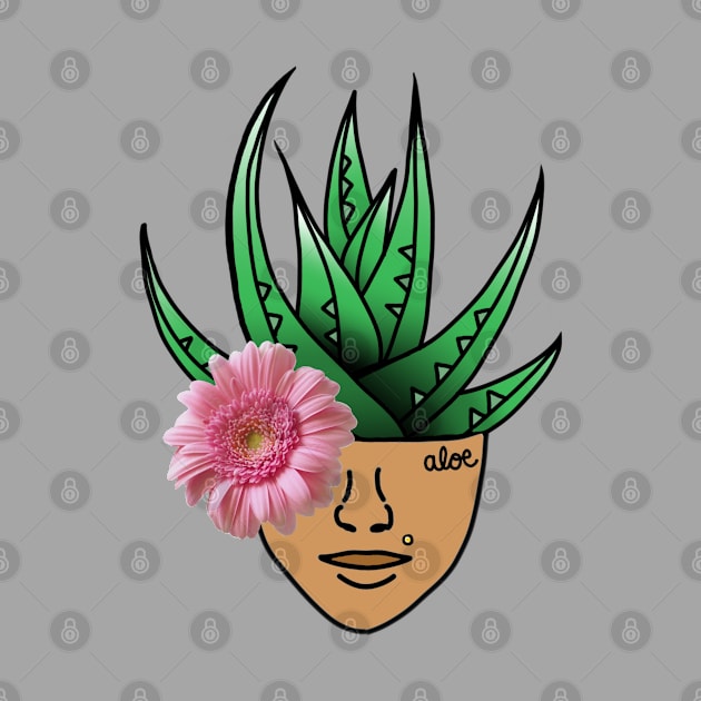 Aloe Plant on a Surreal Human Face, Wearing a Pink Gerber Daisy Eyepatch. by Tenpmcreations