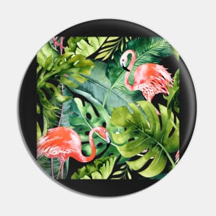 Pink Flamingos / Coral Orange and Dark Green Tropical Foliage Pin