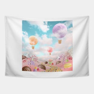 Sweets wonderworld landscape. Magic fairytale children illustration. Fantasy Hot Air Balloons on candy landscape Tapestry