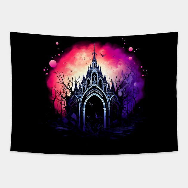 Cool Dark Goth Castle Neon Colors Rave Design Tapestry by Whimsical Splendours