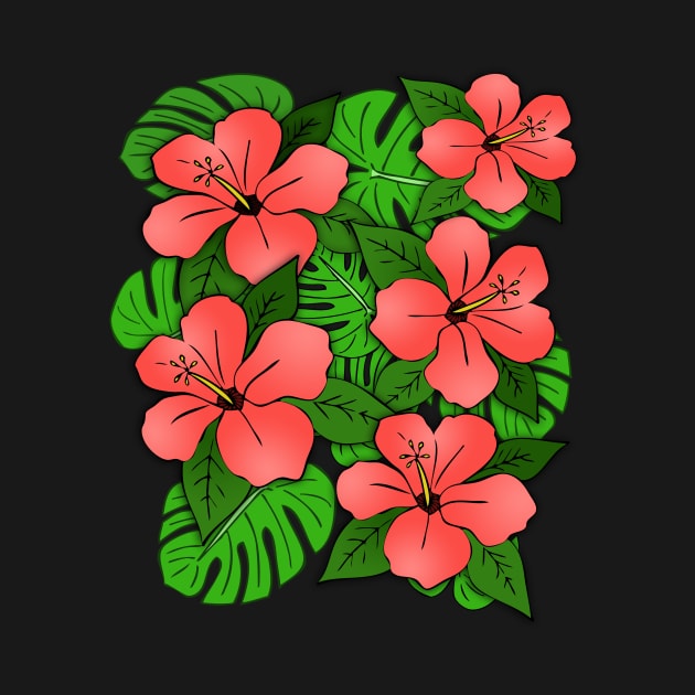 Hibiscus Flowers & Monstera Leaves by headrubble