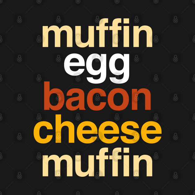 Deconstructed breakfast sandwich: muffin, egg, bacon, and cheese (list of ingredients in true-to-life colors) by Ofeefee