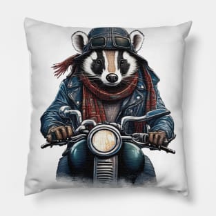 badger wearing a jackets hat and a scarf on a motorcycle Pillow