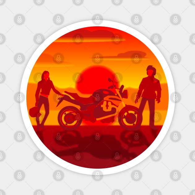 Motorcycle and couple at sunset Magnet by Maxsomma