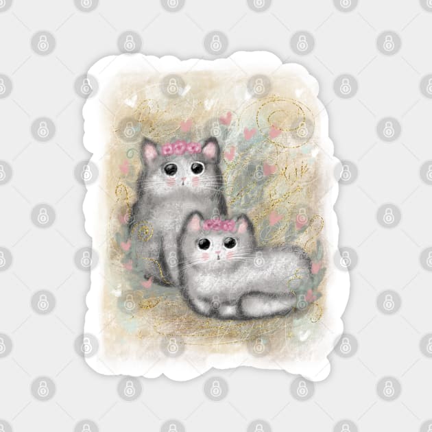 Cute colorful illustrations in retro style. Beautiful fluffy kitties with pink flowers around their head. Magnet by Olena Tyshchenko